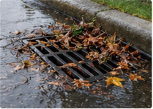 Leaves and debris collecting around a neighborhood storm drain after rain